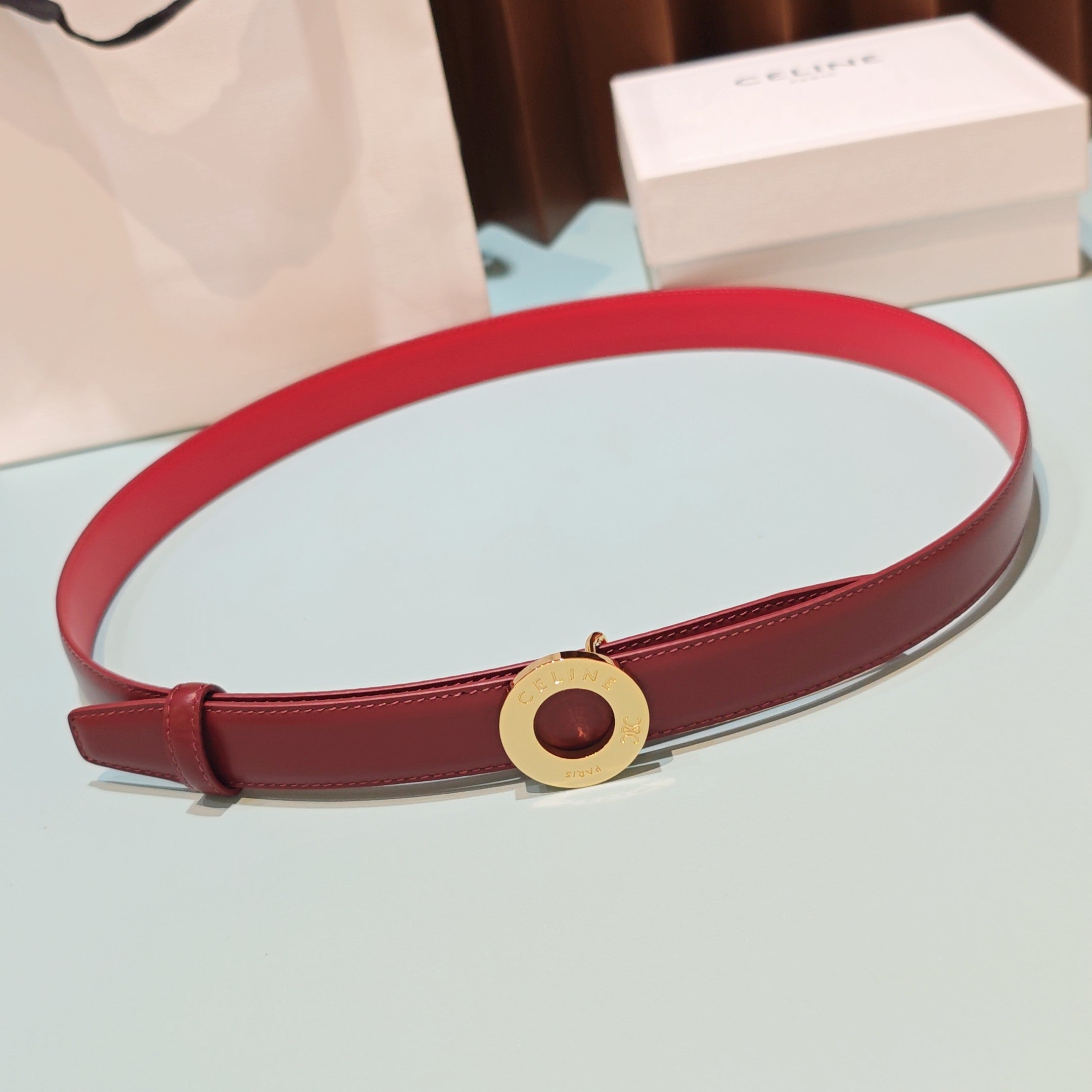 Celine 2026 Disc Buckle Reversible Strap Belt 25mm Leather 196682