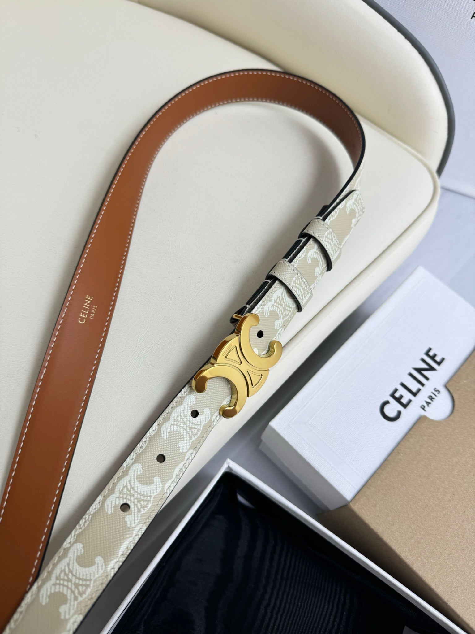 CEL Gold 25mm Triomphe Belt White Beige Canvas 180418