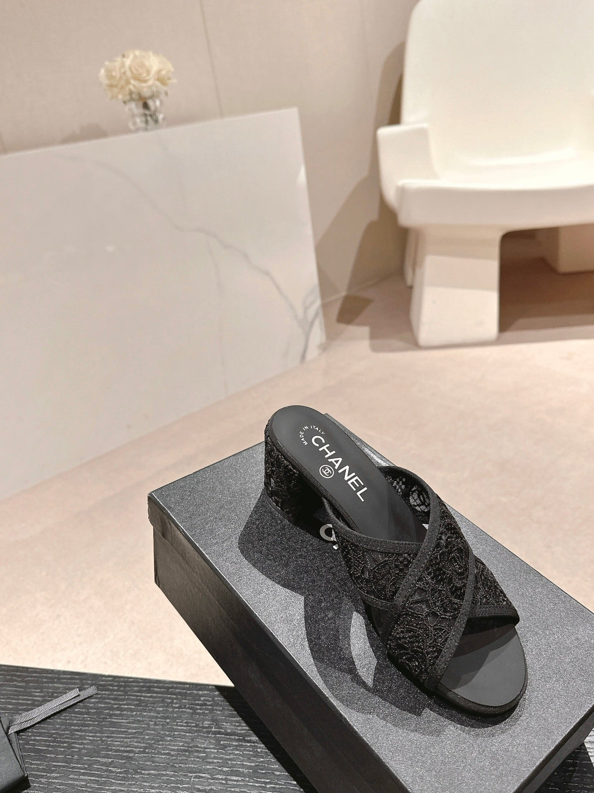 mule sandal 60 cross black lace fabric