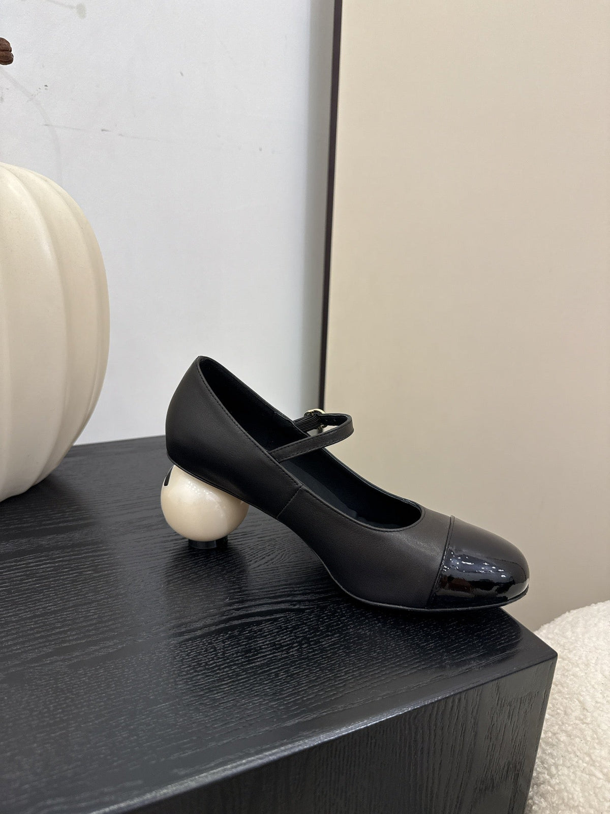 Chanel Mary Jane Pumps with Pearl Heels Black White Leather
