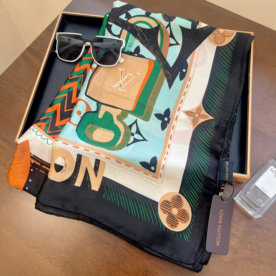 LV Long Scarf 180 Black Green Beige Colorful Mulberry Silk 172987