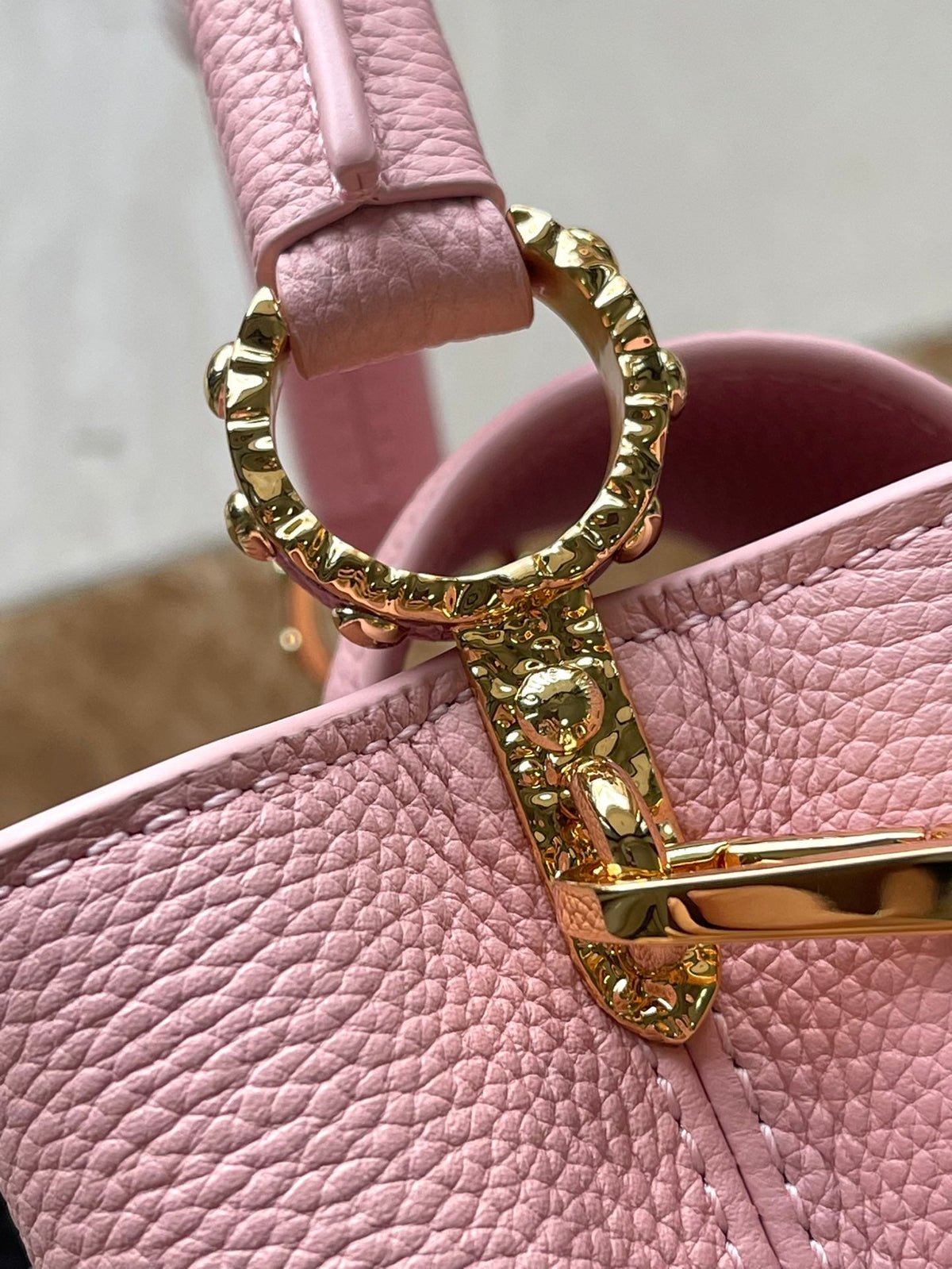 CAPUCINES EAST-WEST MINI 22 IN BLUSH PINK CALFSKIN GOLD HARDWARE