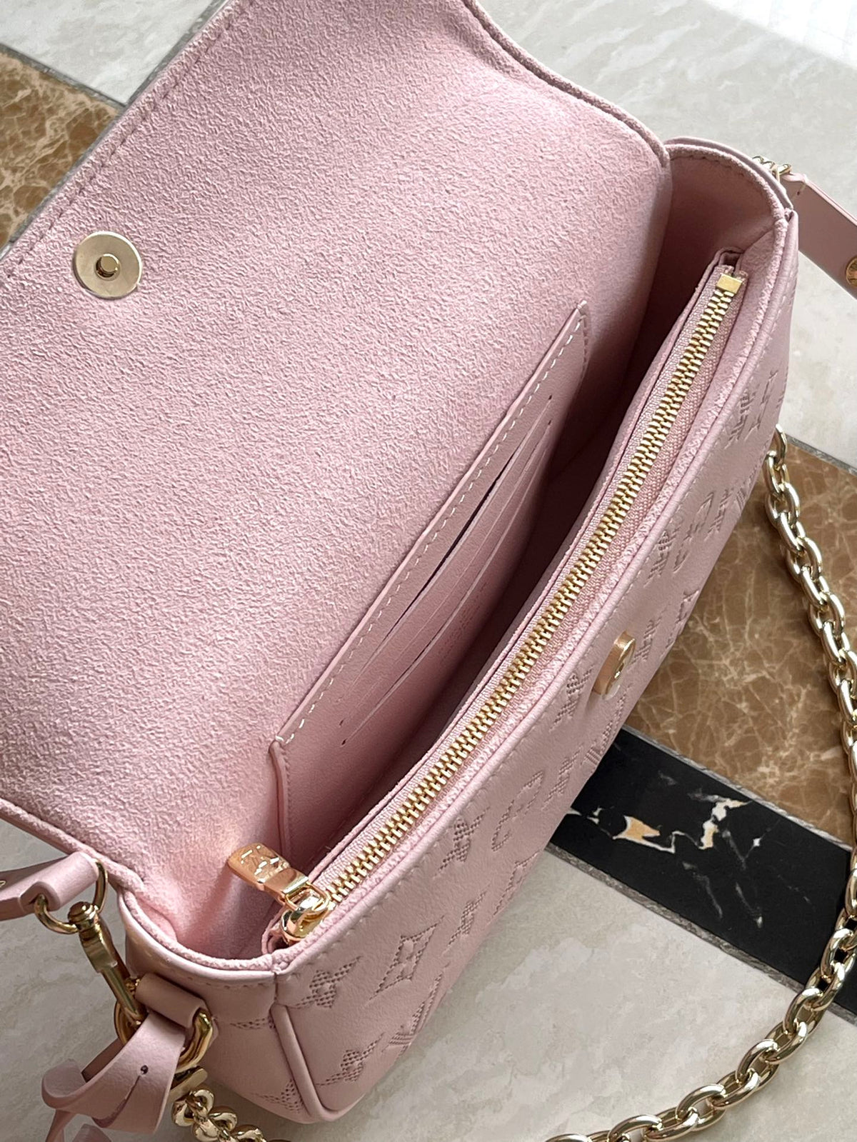 WALLET ON CHAIN IVY 23 IN LIGHT PINK MONOGRAM PERFORATED CALFSKIN GOLD HARDWARE
