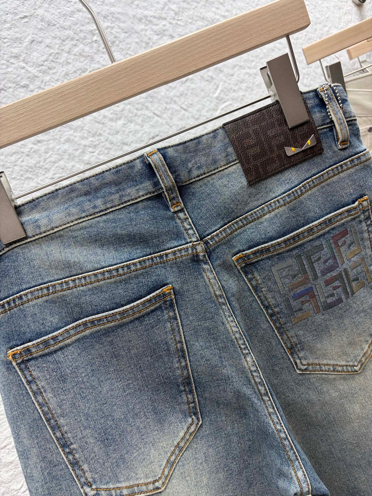 Fendi 2026 Men's Jeans Washed Blue Brown Logo Denim 738154