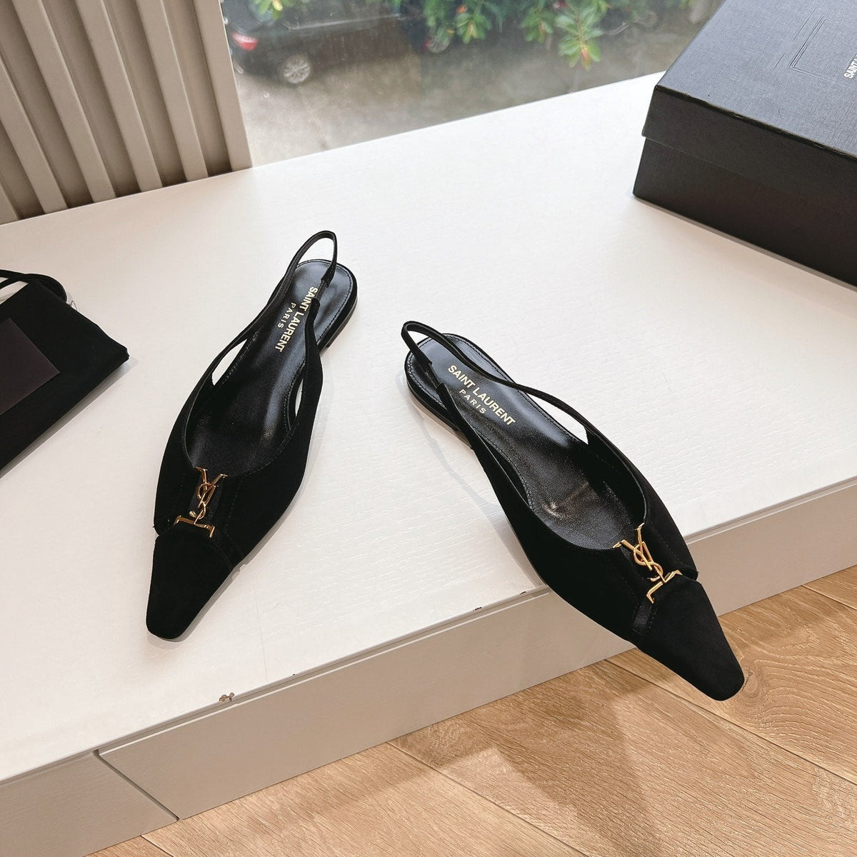 SL BABYLONE SLINGBACK FLAT BLACK SATIN