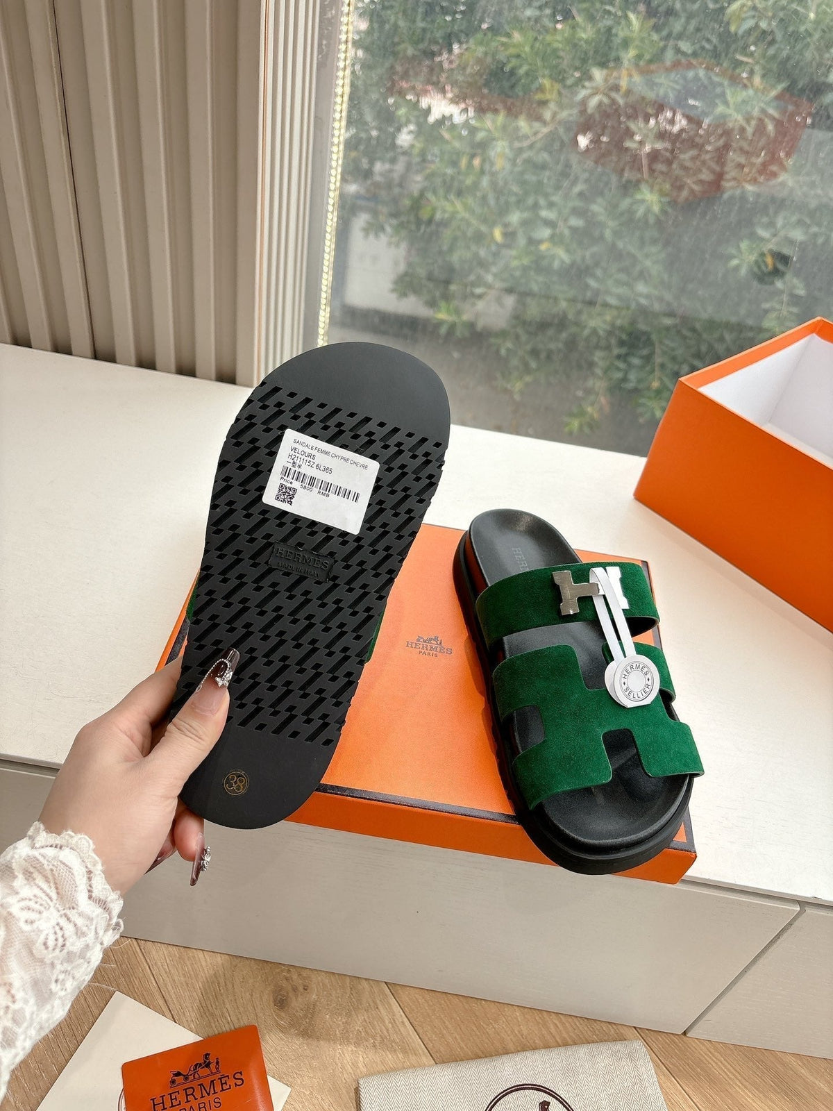 HM 25 Chypre Sandal Green Suede Calfskin Silver H