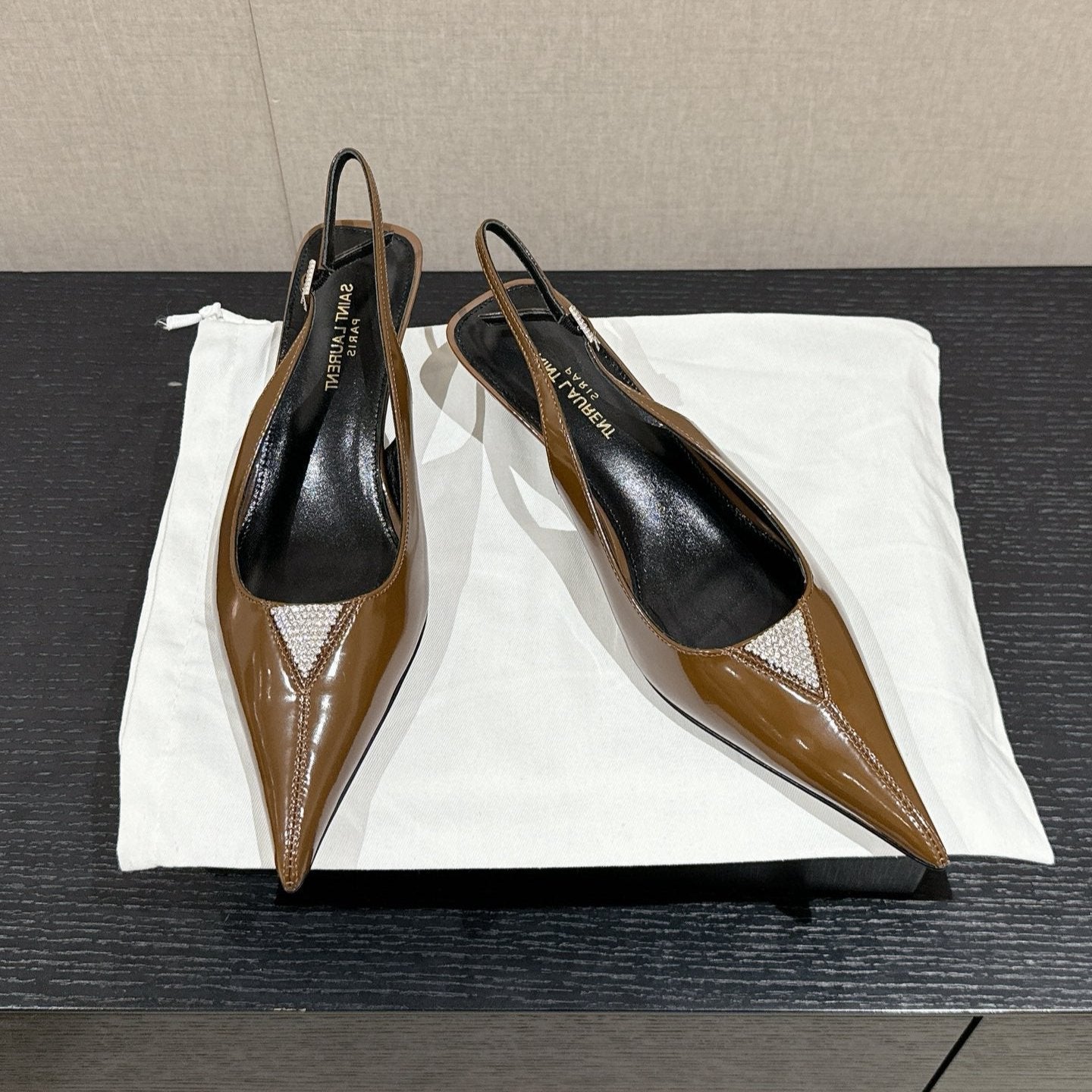 SL CHERISH CRYSTAL SLINGBACK ASH BROWN CALFSKIN