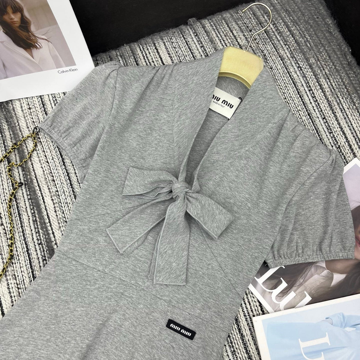 Miumiu 2026 Dress with a Bow Tie Gray Cotton