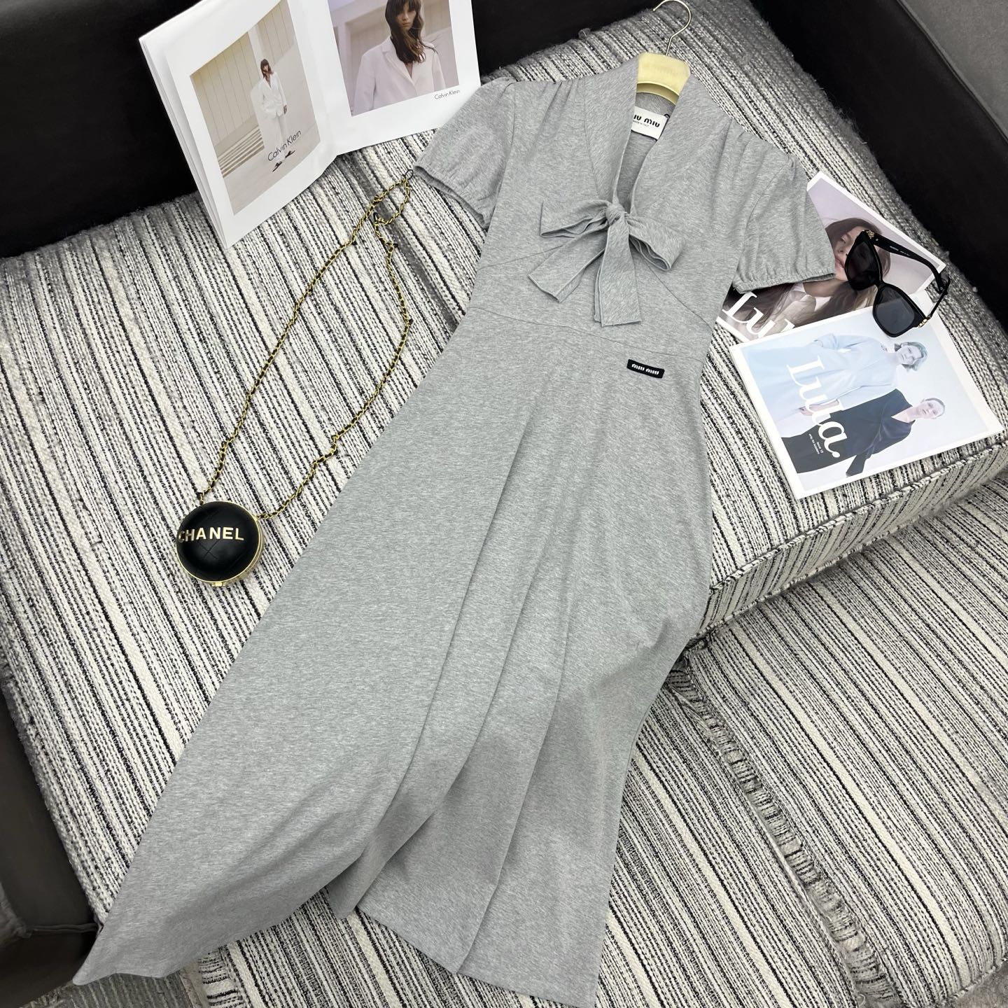 Miumiu 2026 Dress with a Bow Tie Gray Cotton
