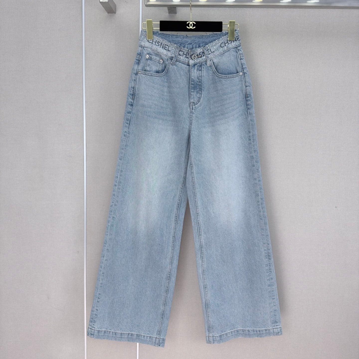 Chanel 2026 Wide-leg Pants With Rhinestone Waist Blue Cotton 371501