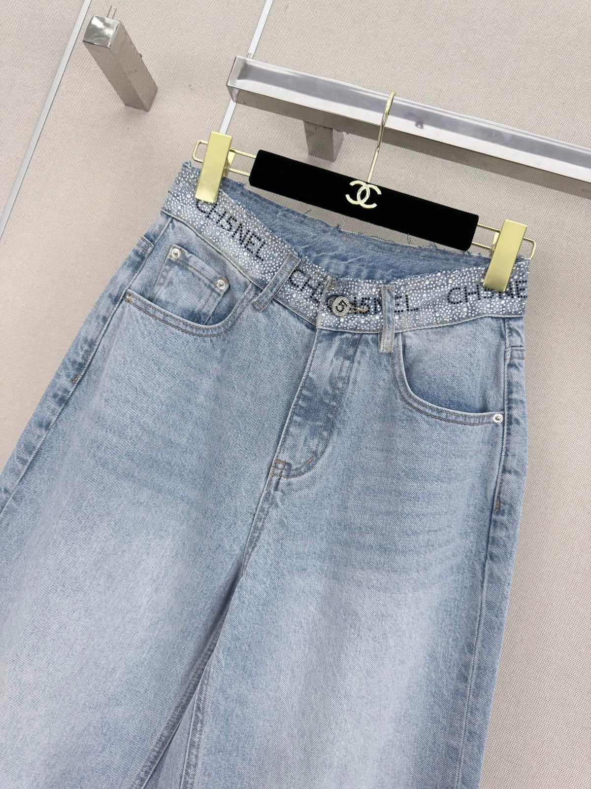 Chanel 2026 Wide-leg Pants With Rhinestone Waist Blue Cotton 371501