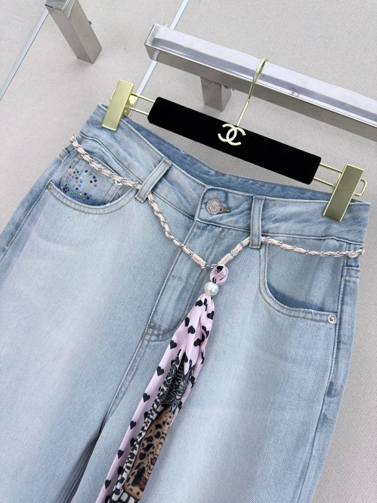 Chanel 2026 Straight-leg Jeans With Double C Rhinestone Blue Cotton 358054