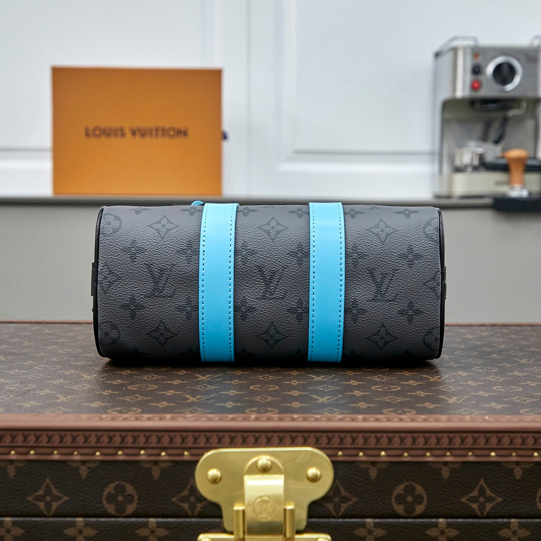 KEEPALL BANDOULIÈRE 25 IN GUN METAL MONOGRAM ECLIPSE CANVAS MIX TURQUOISE CALFSKIN