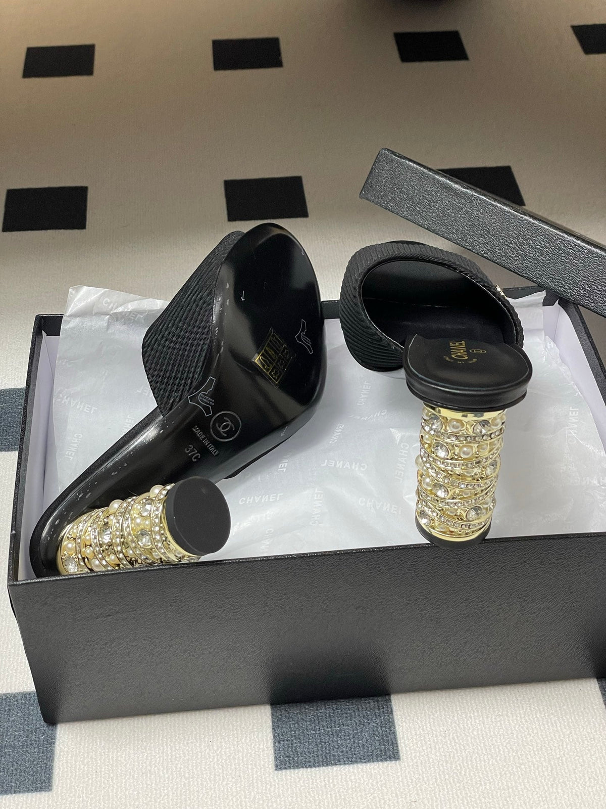 CC 25p Sandal Heel 8cm Black Cloth