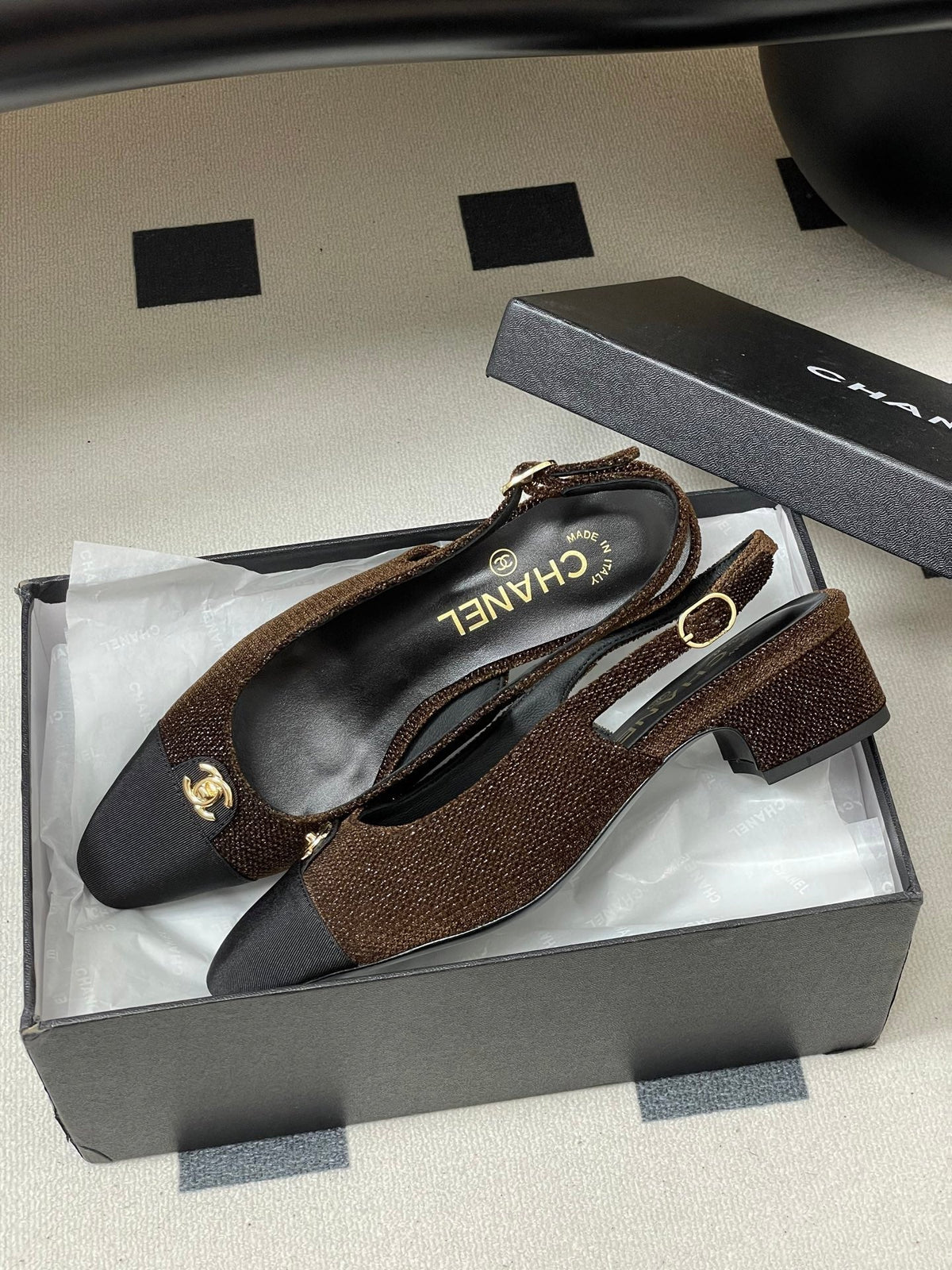 Chanel 25 Slingback Black Brown Lambskin Fabric 473210