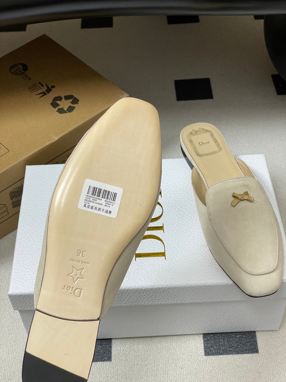 CD 26 Bow Mules Ivory Beige Suede Cowhide 632594
