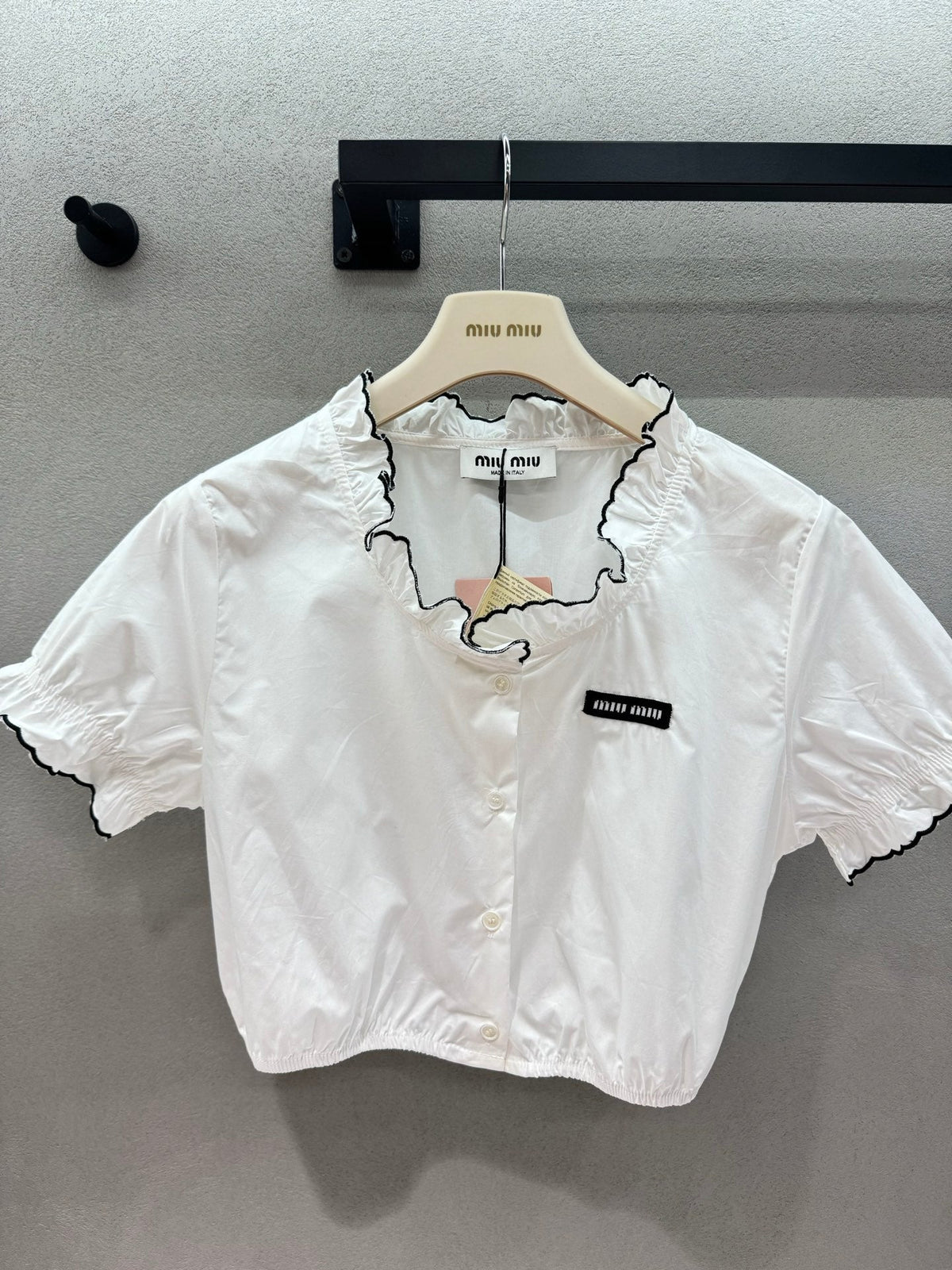 Miumiu 2026 Ruffled Trim Shirt White Black Cotton 375185