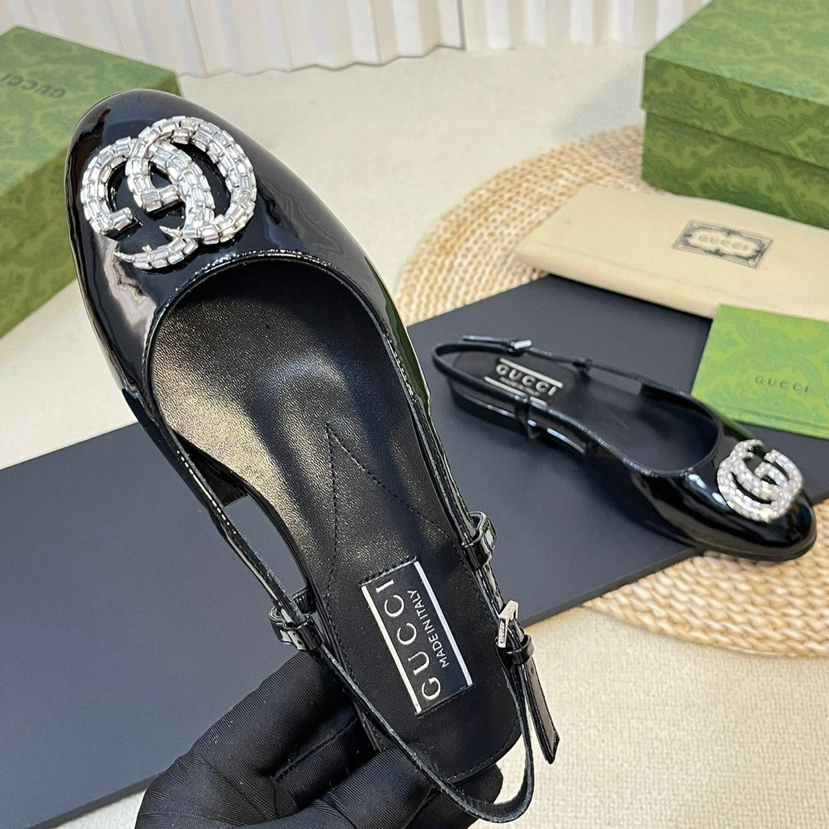 GG Double G patent leather slingback ballet flats Glossy Black
