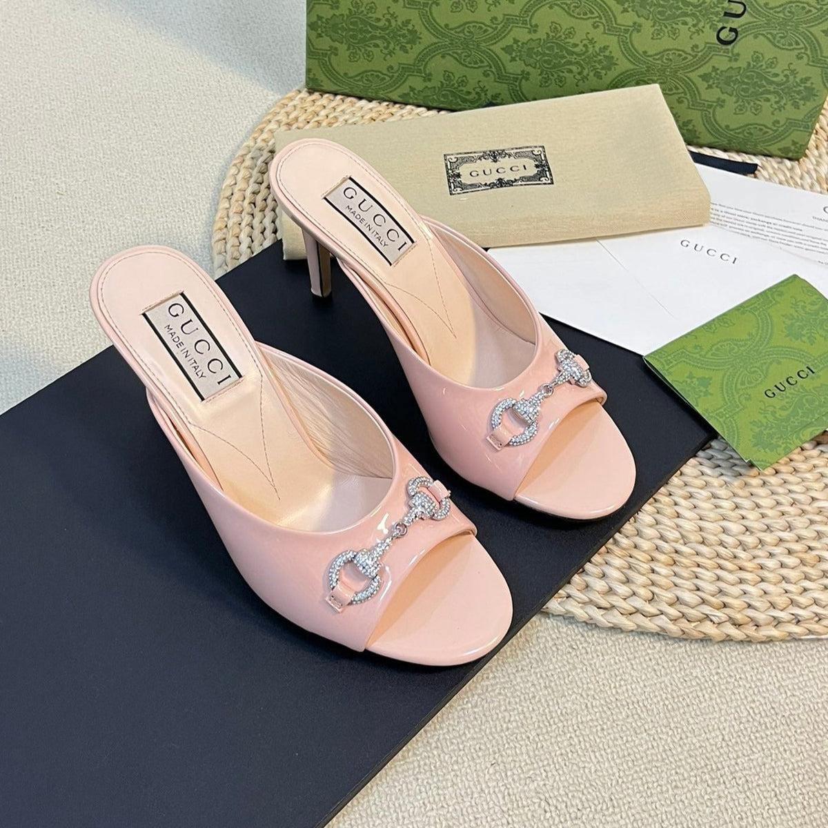 GG  Women's Horsebit mid-heel slide sandal in glossy Rose Pink