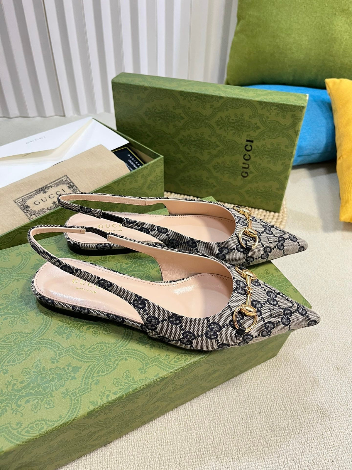 GC Horsebit Slingback Pump 10mm Beige mix Blue Canvas Sheepskin 294553