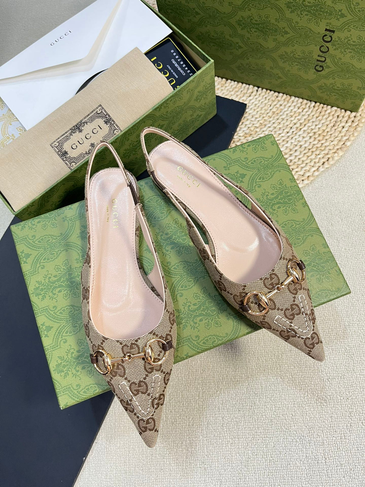 GC Horsebit Slingback Pump 10mm Beige mix Brown Canvas Sheepskin 294554