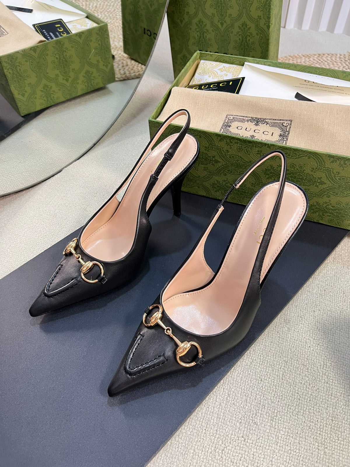 GC Horsebit Slingback Pump 100mm Black Sheepskin 294569