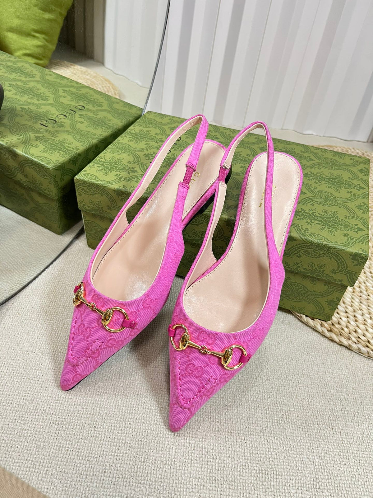 GC Horsebit Slingback Pump 10mm Pink Canvas Sheepskin 294543