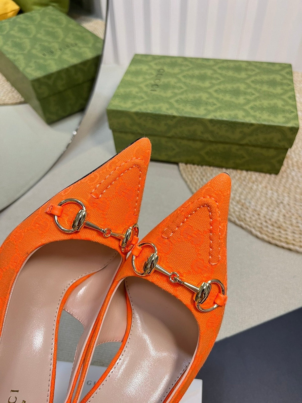 GC Horsebit Slingback Pump 100mm Orange Canvas Sheepskin 294548