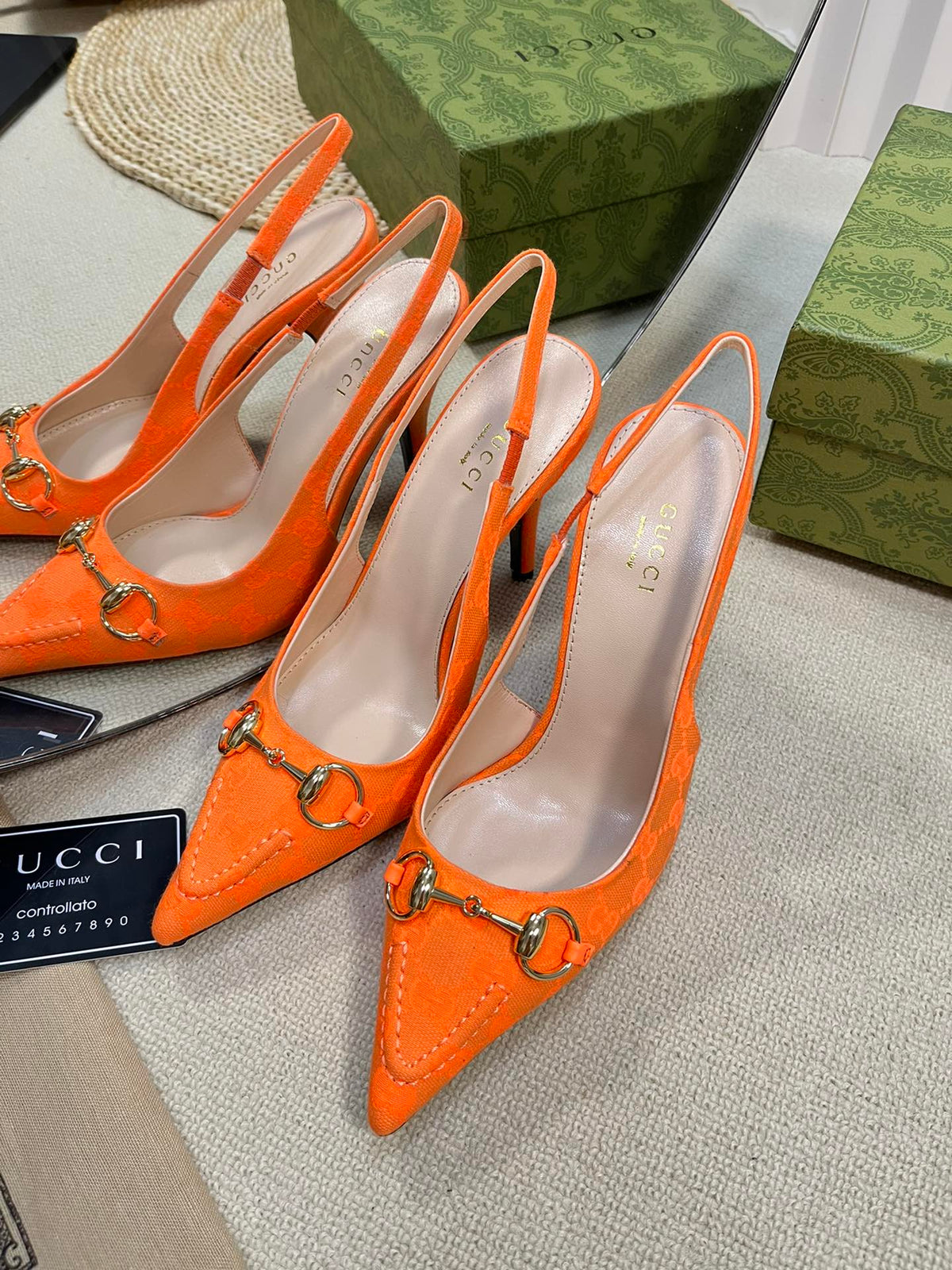 GC Horsebit Slingback Pump 100mm Orange Canvas Sheepskin 294548