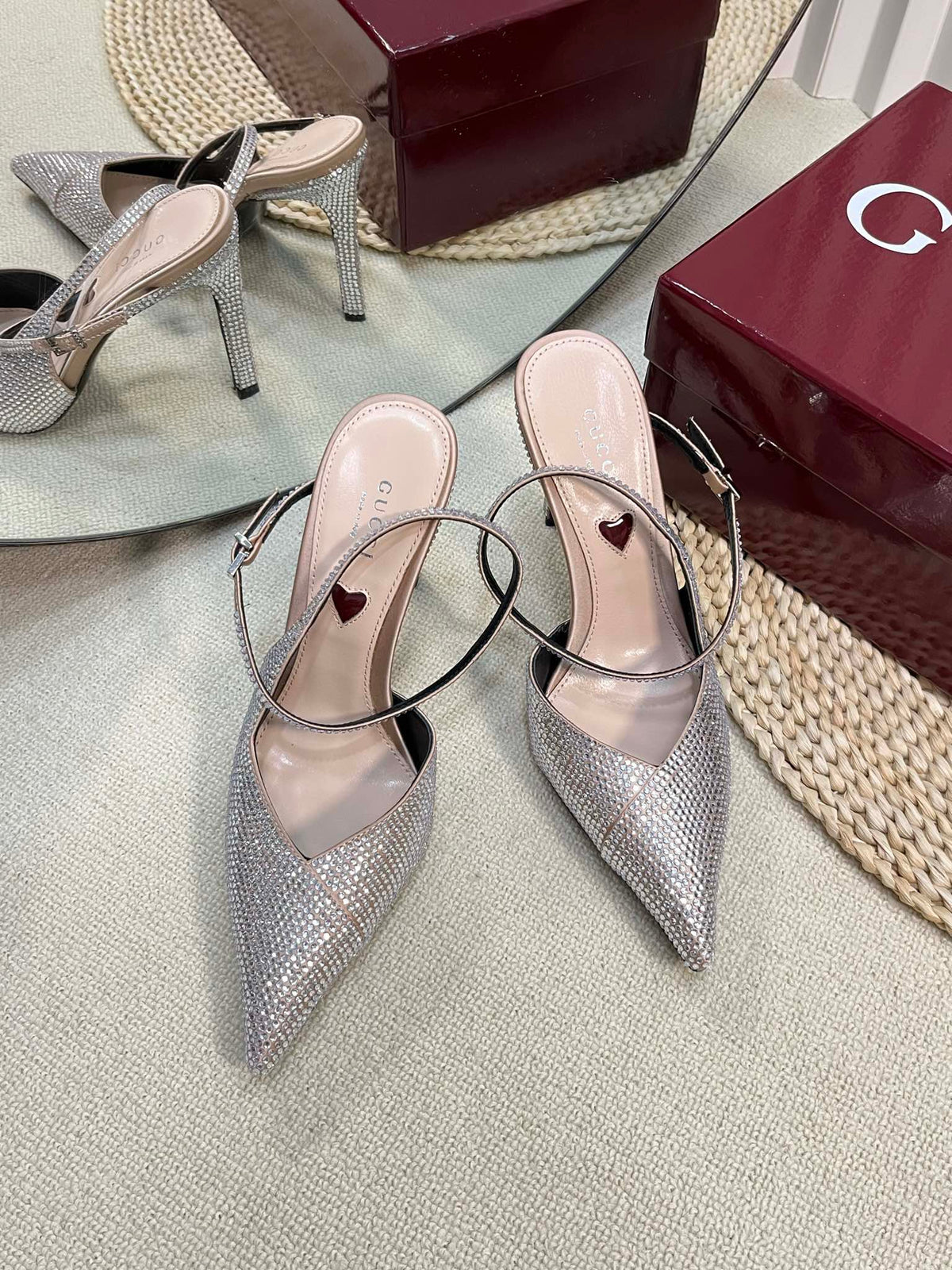 GC Crystal-Embellished Slingbacks Silver Silk Sheepskin 294610