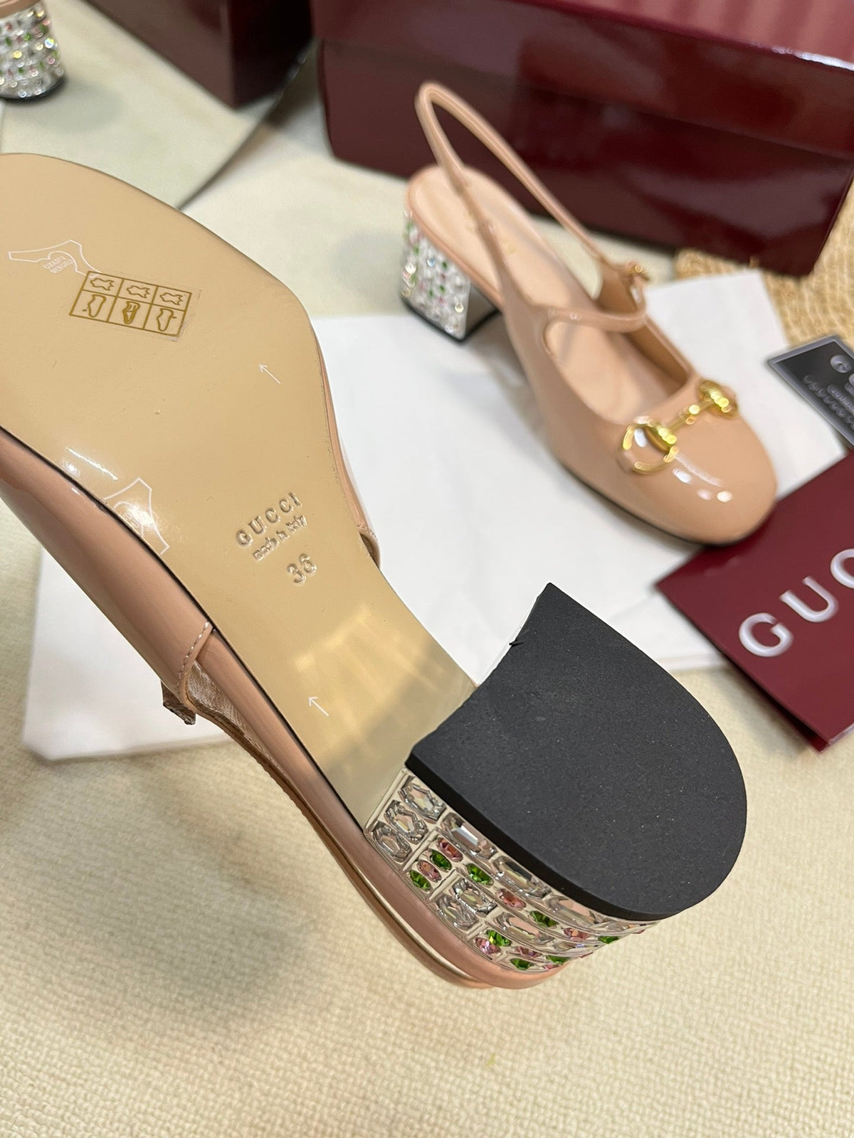 GC Horsebit Slingback with Crystal 65mm Rose Beige Patent Leather 294601