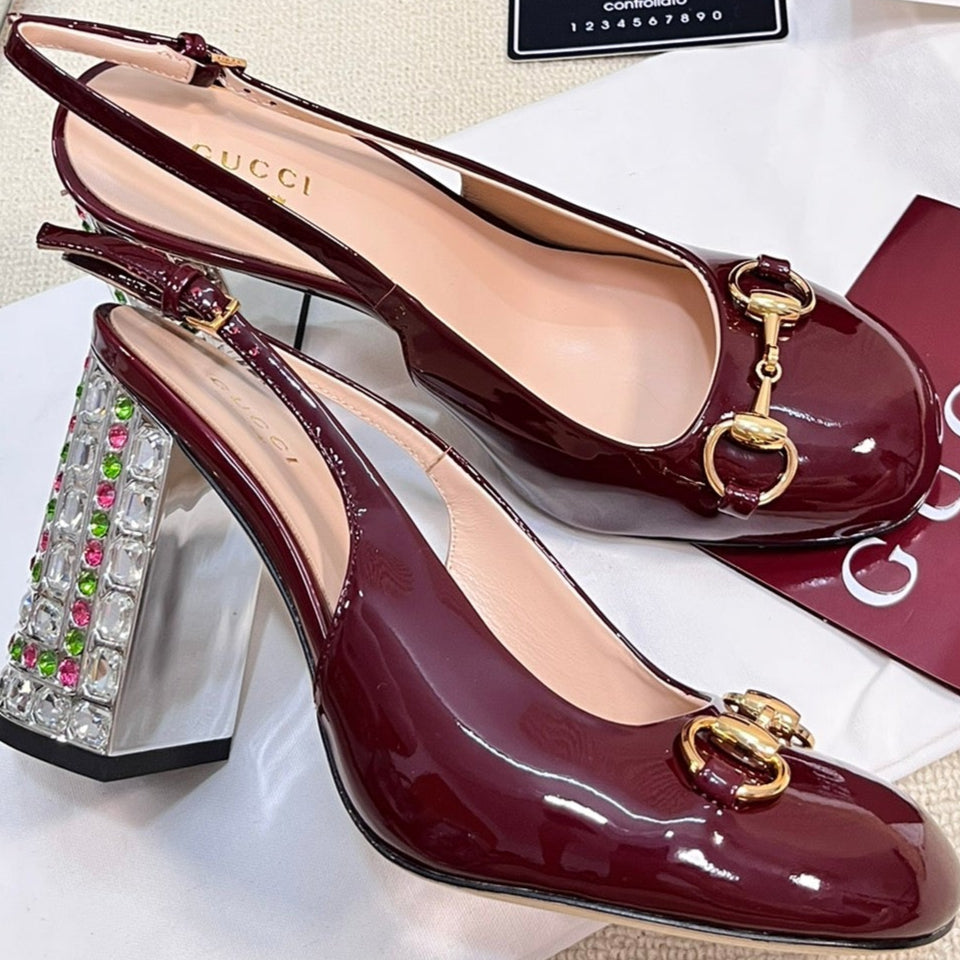 GC Horsebit Slingback with Crystal 95mm Rosso Ancora red Patent Leather 294596