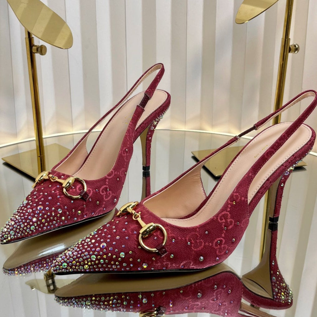 GC Crystal Horsebit Slingback 100mm Red Canvas lambskin 294618