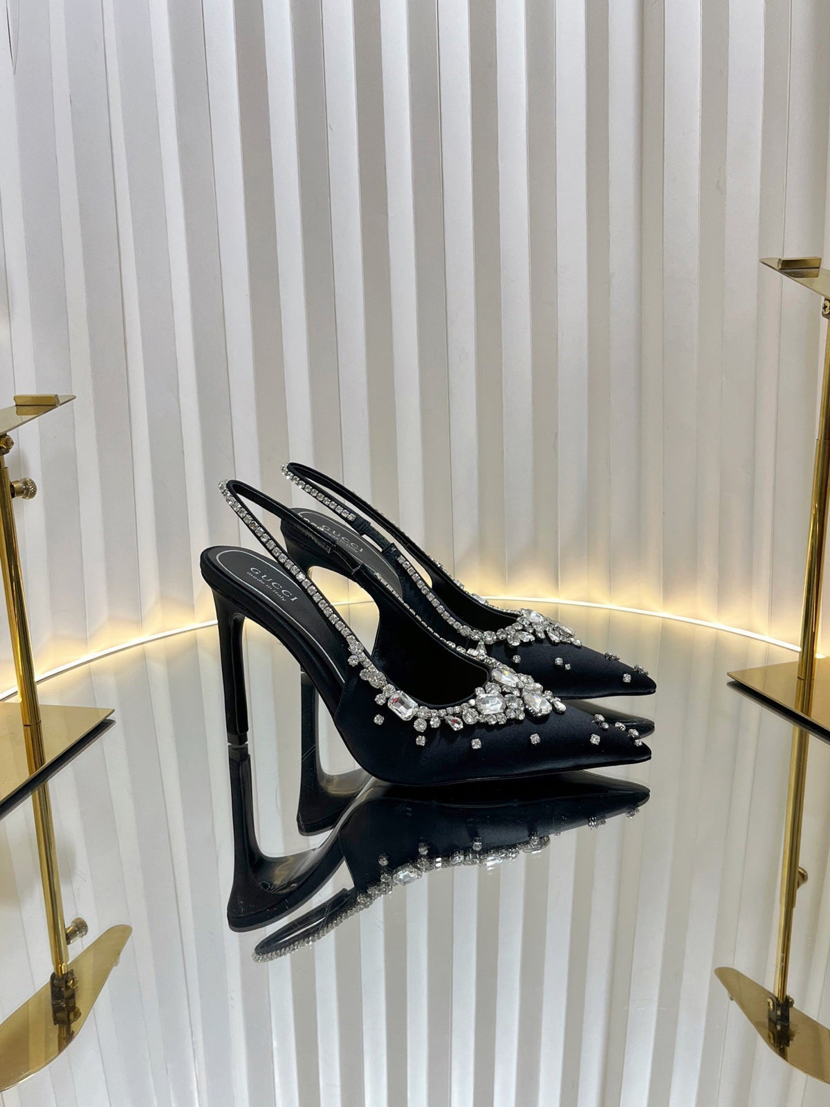GC 2025 Crystal Embellished High Heels Slingbacks Black Silk Sheepskin 294523