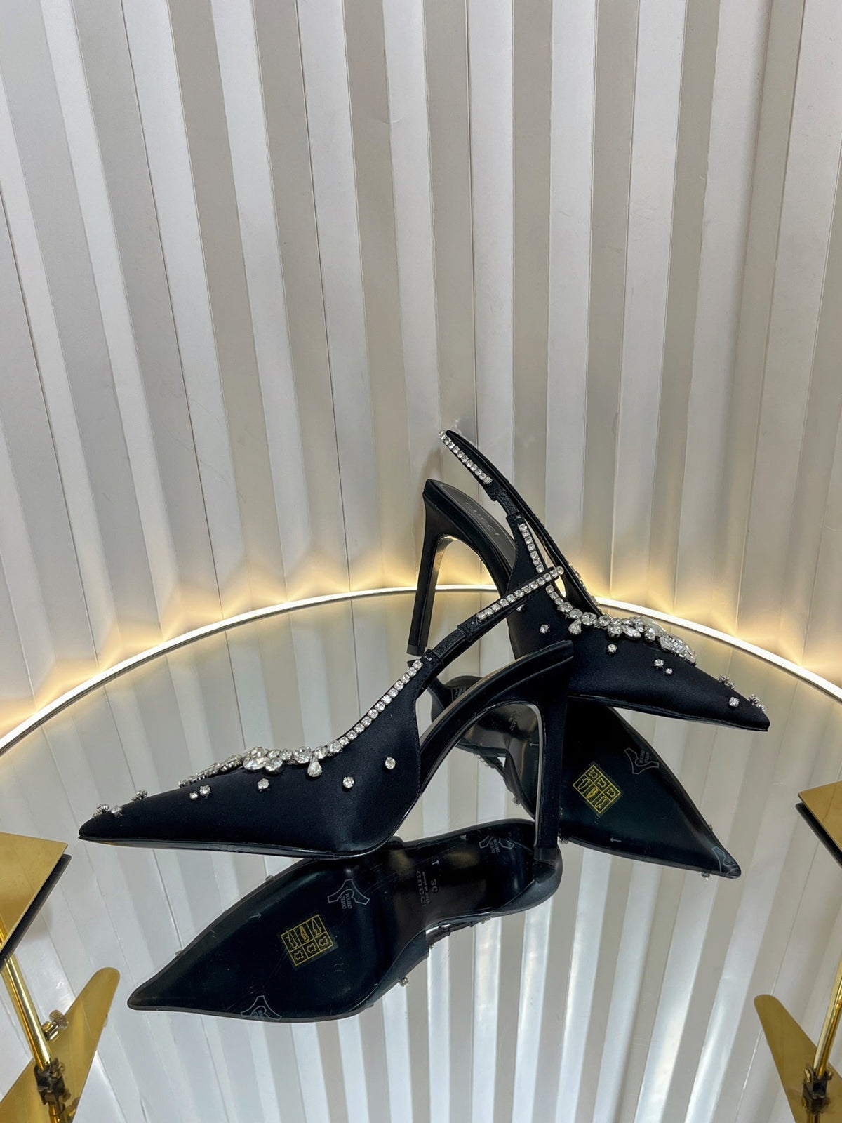 GC 2025 Crystal Embellished High Heels Slingbacks Black Silk Sheepskin 294523