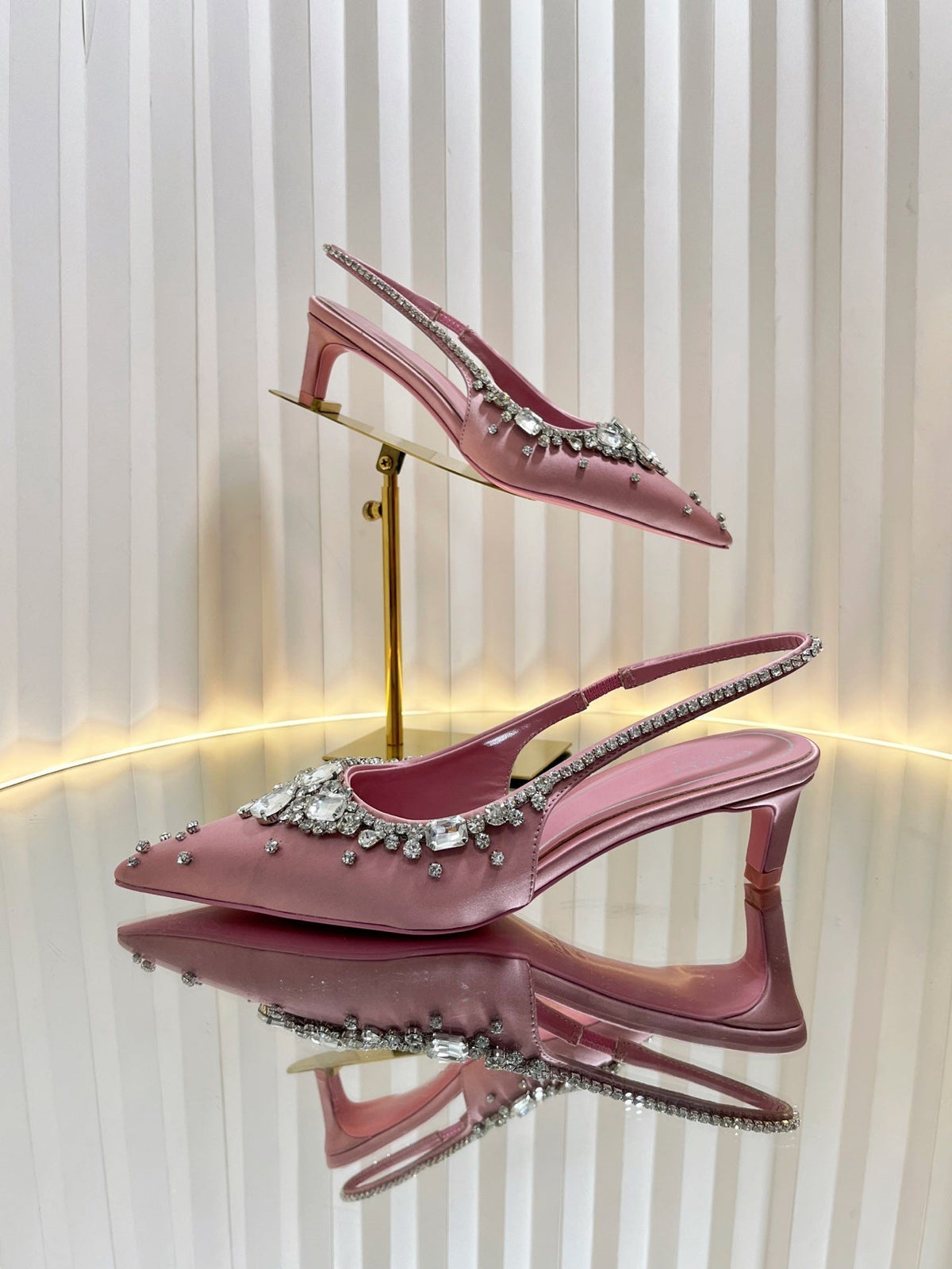GC 2025 Crystal Embellished 55mm High Heels Slingbacks Pink Silk Sheepskin 294527