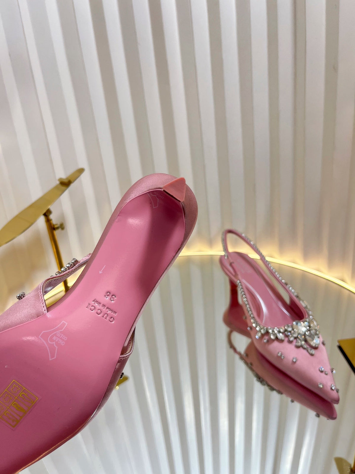 GC 2025 Crystal Embellished 55mm High Heels Slingbacks Pink Silk Sheepskin 294527