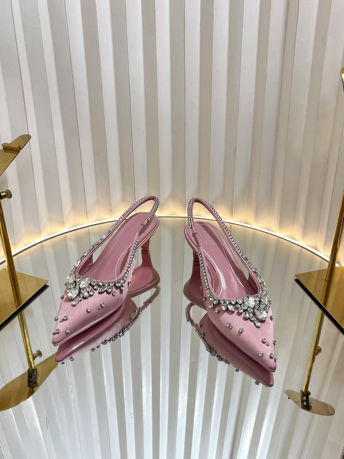 GC 2025 Crystal Embellished 55mm High Heels Slingbacks Pink Silk Sheepskin 294527