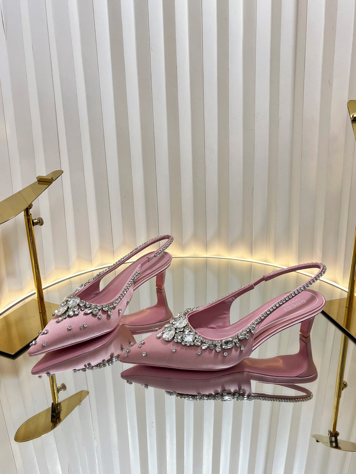 GC 2025 Crystal Embellished 55mm High Heels Slingbacks Pink Silk Sheepskin 294527