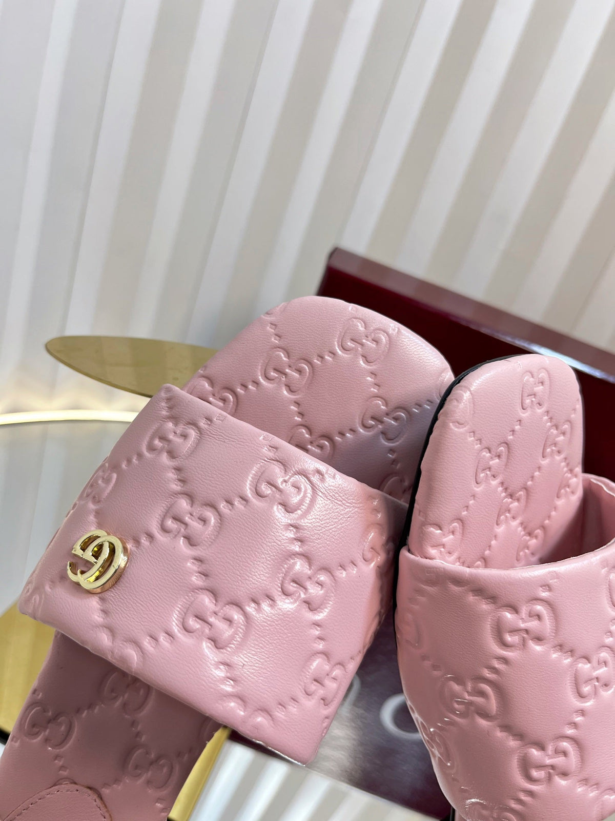 GC Double G Slide Sandals Pink Embossed Leather 294633
