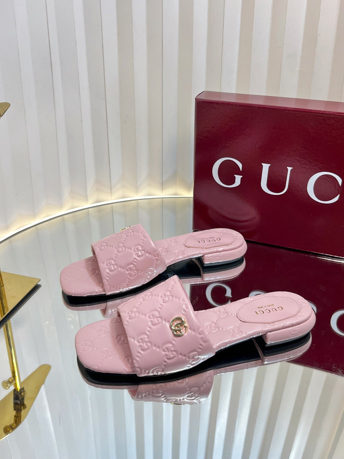 GC Double G Slide Sandals Pink Embossed Leather 294633