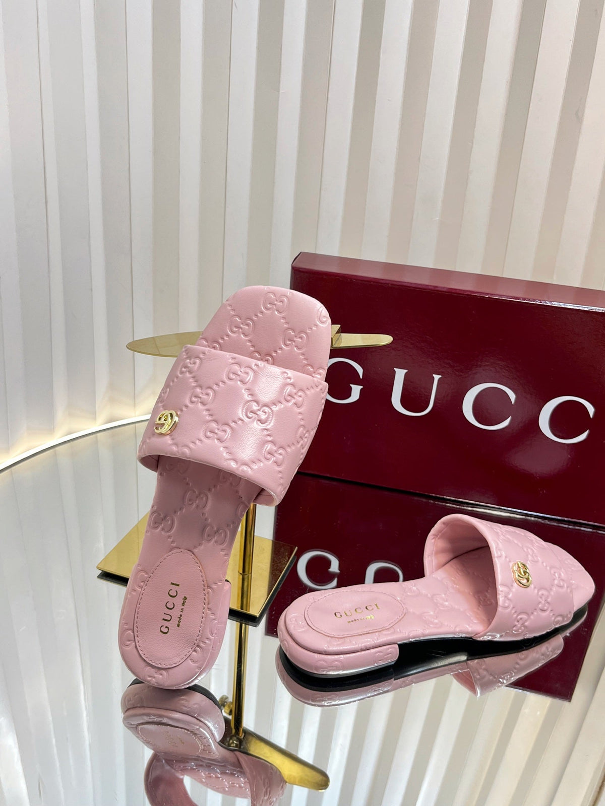 GC Double G Slide Sandals Pink Embossed Leather 294633
