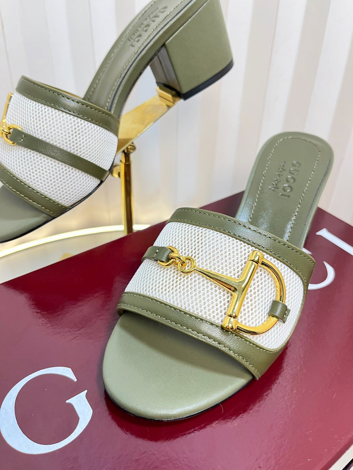 GC 25 Horsebit GG 50mm Sandals Dark Green Canvas Sheepskin 294667