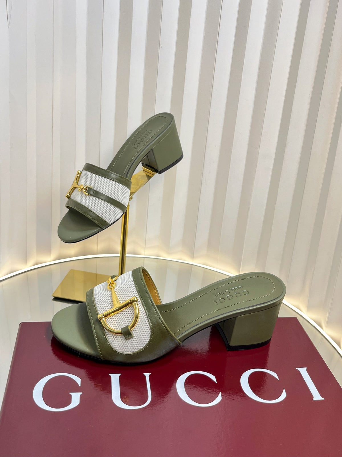 GC 25 Horsebit GG 50mm Sandals Dark Green Canvas Sheepskin 294667