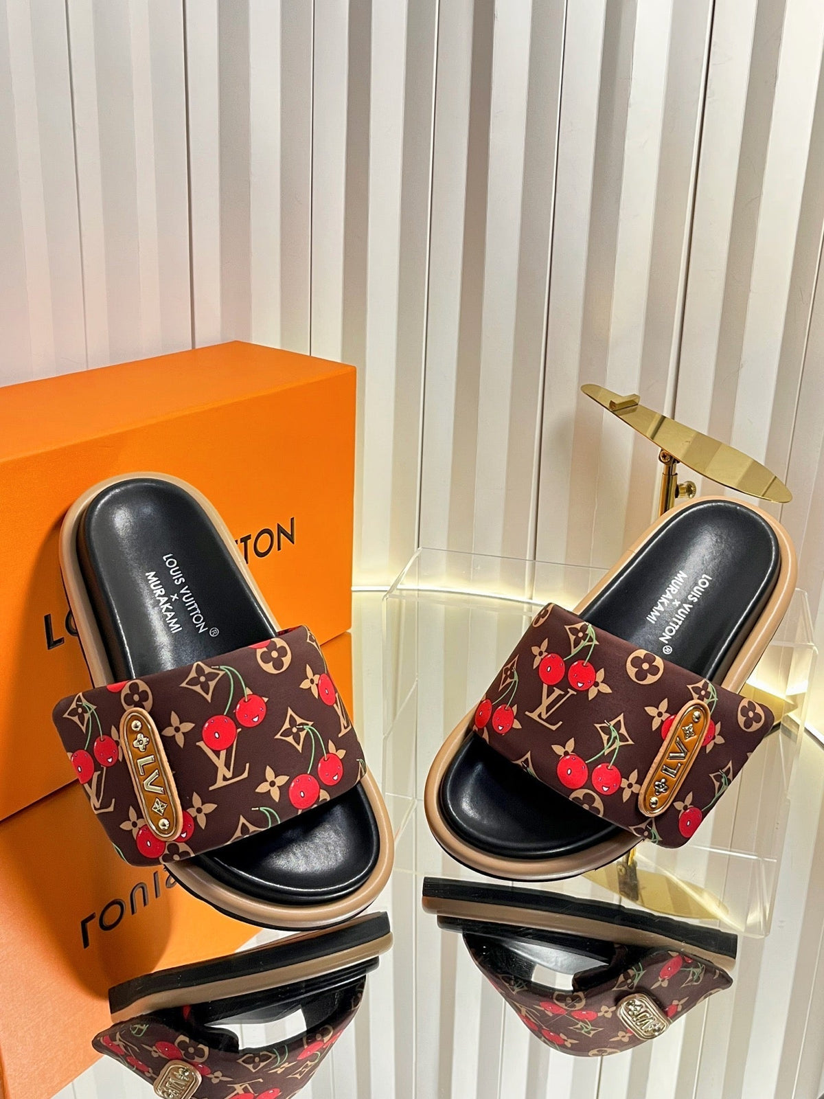 LV 26s Slippers Black Brown Red Fabric Sheepskin 616349