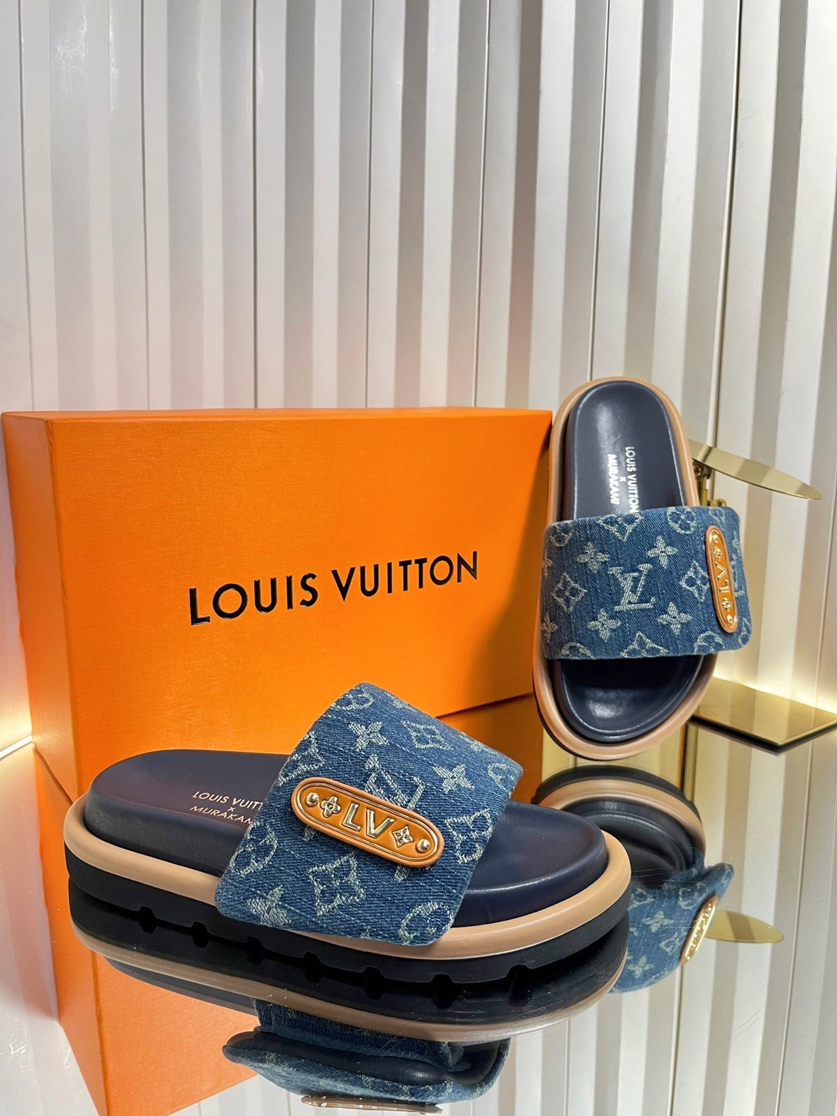 LV 26s Slippers Dark Blue Denim Sheepskin 616358
