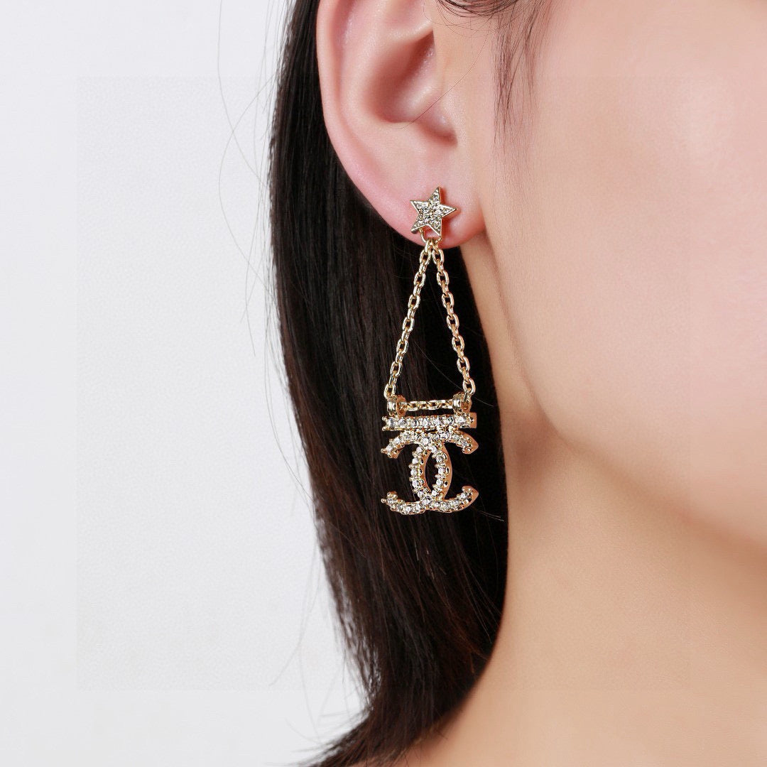 CC Pendant Double C Star Diamond Gold Earrings