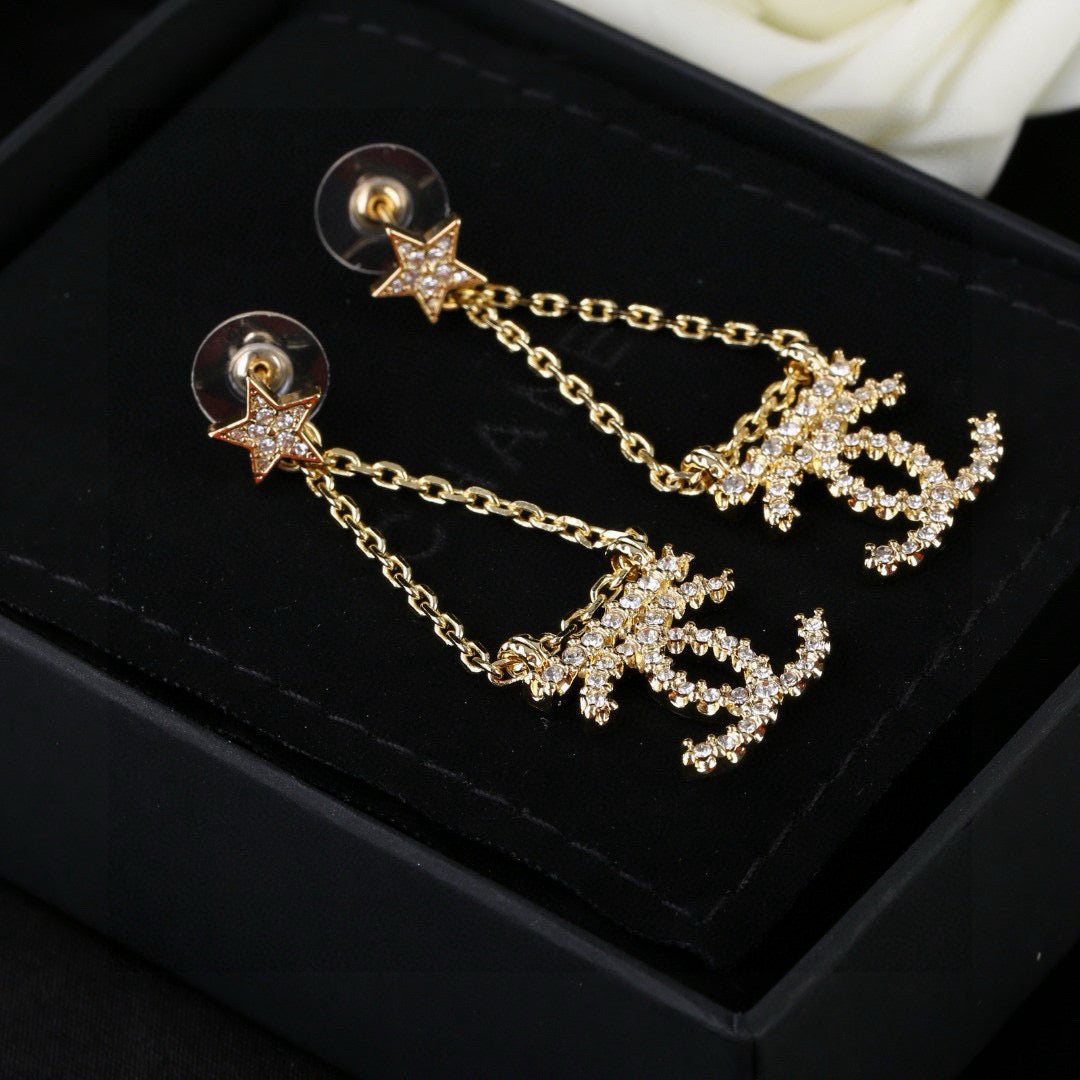 CC Pendant Double C Star Diamond Gold Earrings