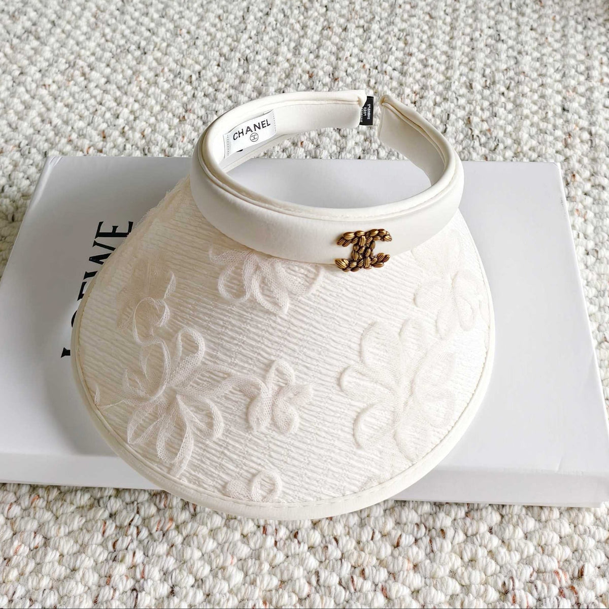 Chanel Embroidered Floral Pattern White Visor 250056
