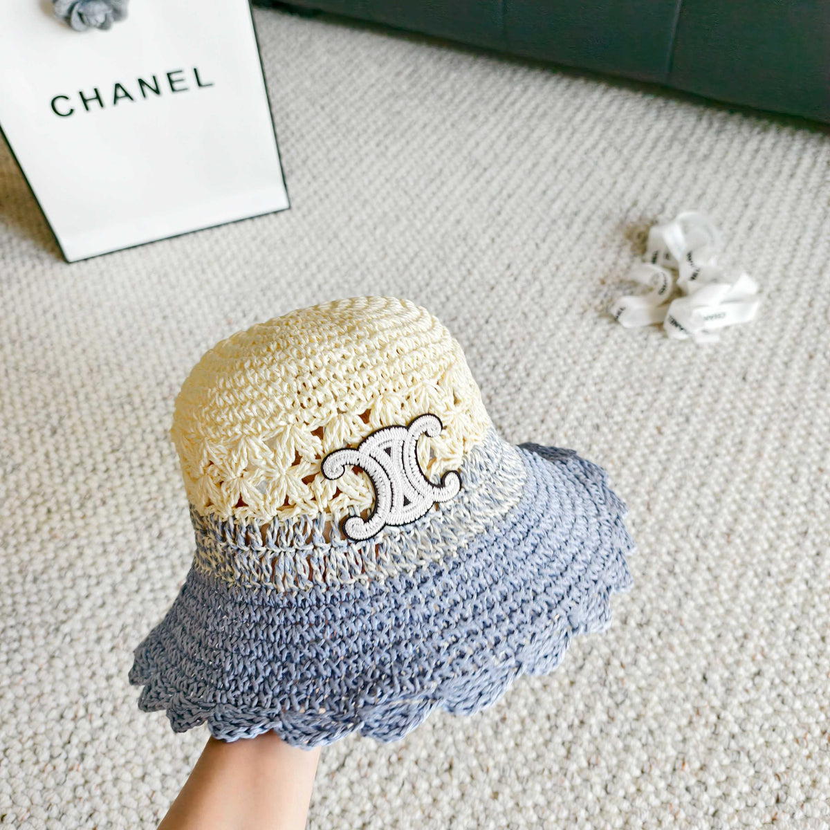 Celine Hollow-out Woven Arc de Triomphe Straw Bucket Hat 322140